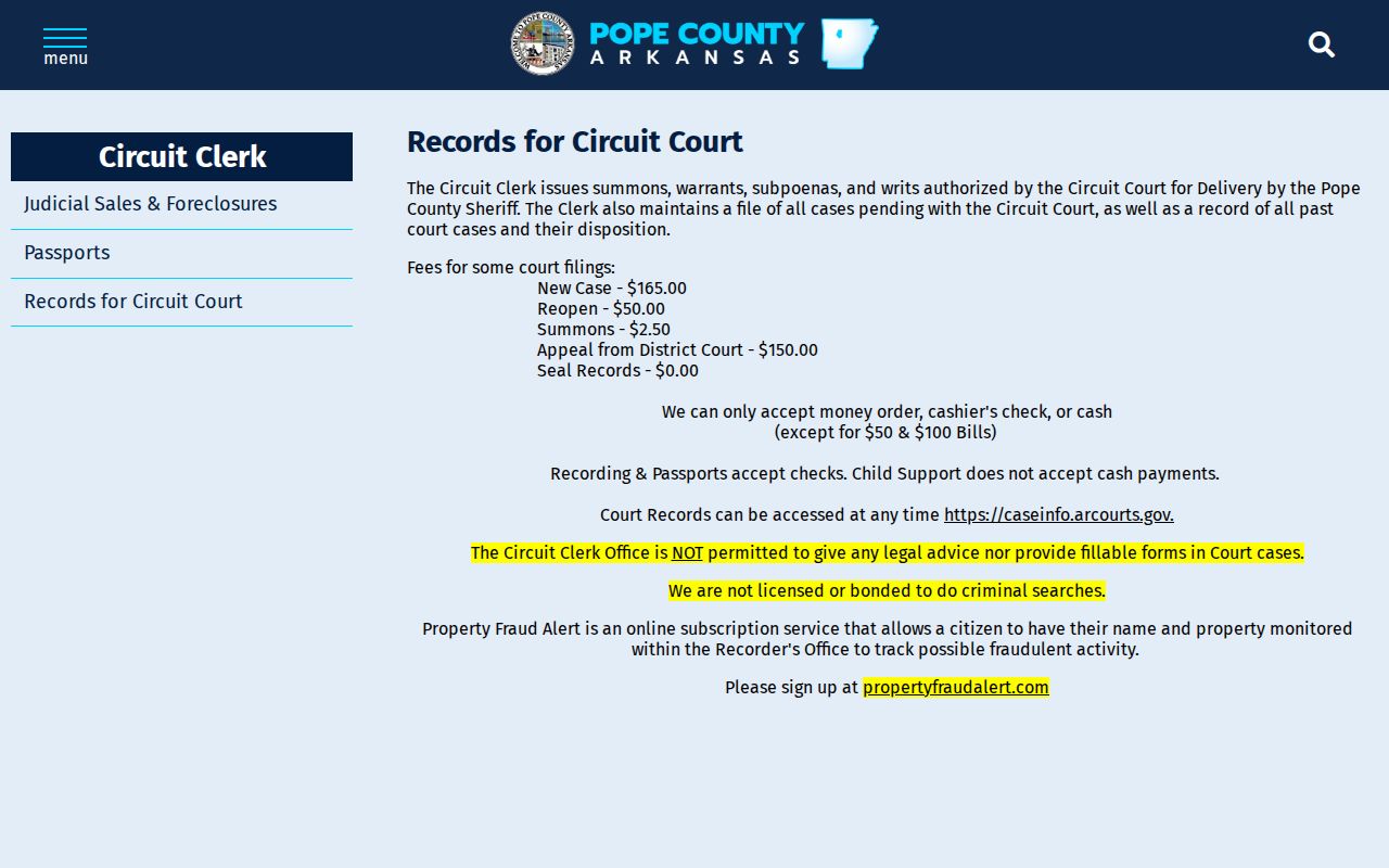 Pope County criminal history Circuit Court records counter